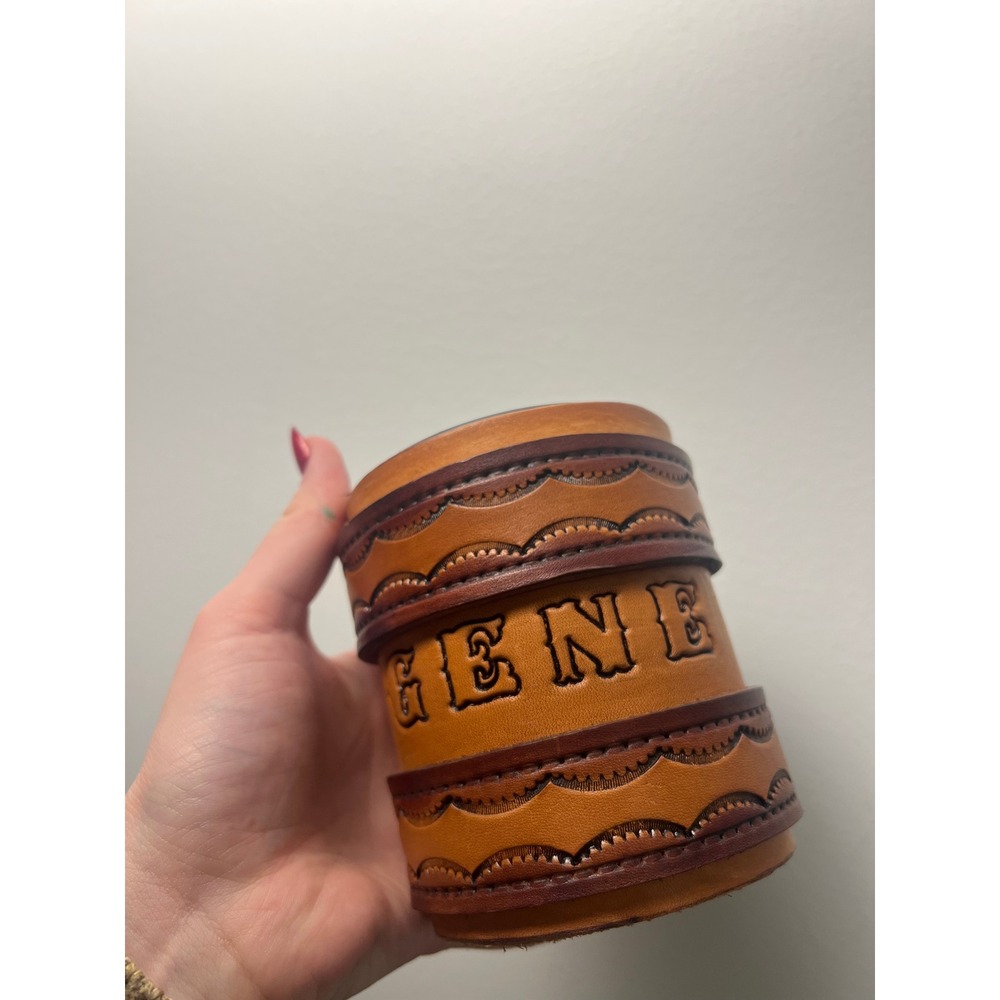 Vintage Leather Can Koozie Mug Mens OS Tan Personalized Gene Western Tooled